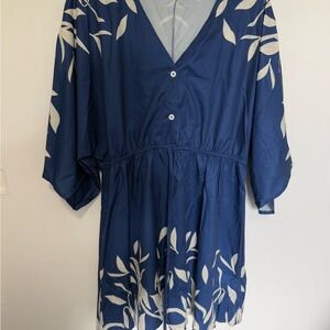 Blue and White Leaf Print Dress